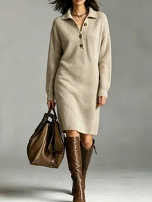 SHEIN Women's Half-Open Collar Sweater Dress, Loose Fit, Dropped Shoulder, Long Sleeve, Half-Button Front, Pockets, Mid-Length, Casual Slimming, Autumn/Winter Commute - Khaki - View 3