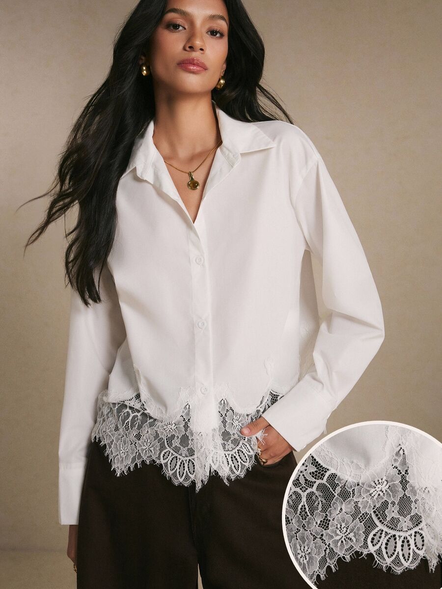 Poéselle Women's Elegant Commute Solid Color Lace Patchwork Blouse - White - View 1