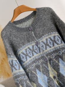 CosyJoli Vintage Grey Fair Isle Argyle Jacquard Crew Neck Loose Fit Sweater Cardigan, Autumn/Winter - Grey - View 4