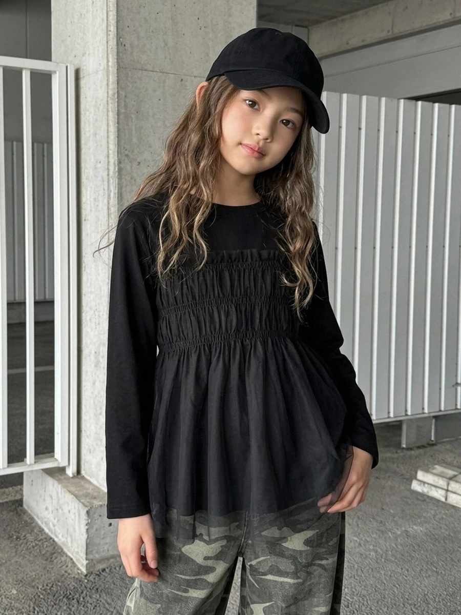 Dazy Kids Tween Girl Solid Color Pleated Casual Versatile Daily Wear Top - Black - View 1