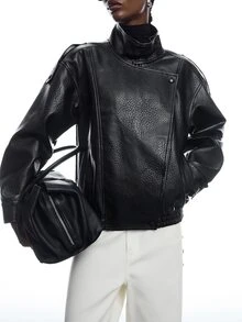 LYSMO Women's Solid Color PU Leather Long Sleeve Loose Casual Jacket - Black - View 5