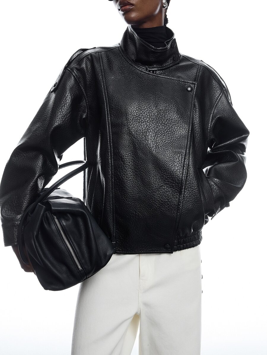 LYSMO Women's Solid Color PU Leather Long Sleeve Loose Casual Jacket - Black - View 1