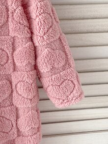 SHEIN 秋冬雙面保暖內裡加厚女童幼兒連身衣，可愛愛心與方格提花絨毛柔軟舒適休閒連帽拉鍊長袖長褲居家服，秋冬冬季款 - 粉色 - 查看 3