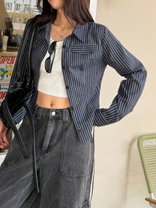 K-Vae Women's Korean Style Navy Blue Vertical Striped Waist-Cinching Versatile Long Sleeve Blouse - Multicolor - View 7