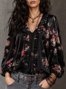 LUMIGAL Women's Elegant Floral Print Top For Autumn - Black - View 1