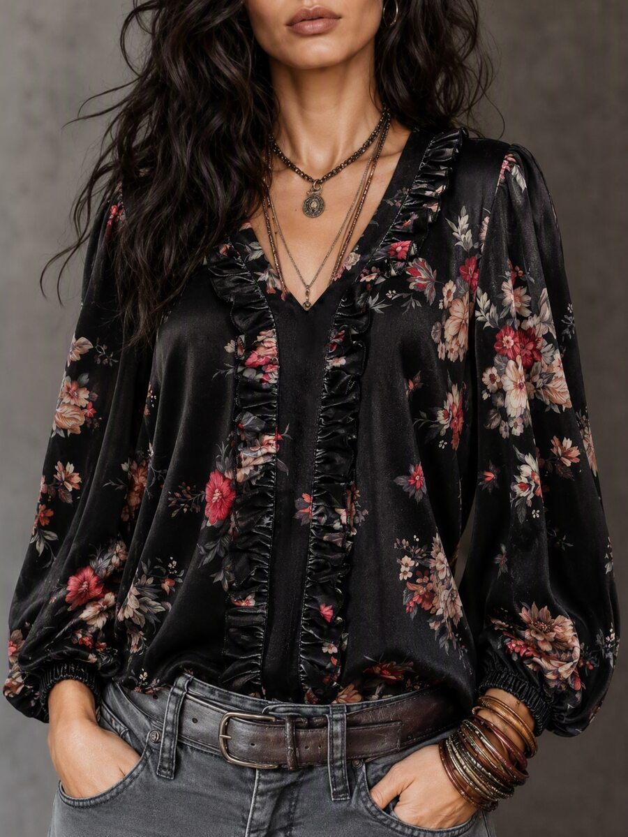 LUMIGAL Women's Elegant Floral Print Top For Autumn - Black - View 1