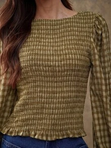 WESTFADE Smocked Boatneck Long Puff Sleeve Ruffle Hem Fitted Embroidered Plaid Blouse Top, Fall Winter 2026 Western Style Cowgirl Clothing, Female Country Look - Green - View 5