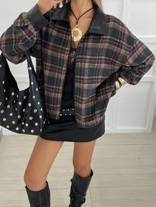 Livesso Dark Gray & Red Plaid Leather Patchwork Lapel Loose Drop Shoulder Long Sleeve Vintage Casual Versatile Jacket Fall - Multicolor - View 4