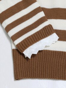 Linhara CURVE Sweater Rajut Renda Lengan Panjang Leher Bulat Bergaris Ukuran Plus Wanita Musim Gugur/Dingin - Khaki - View 4