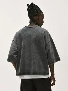 Baseblock Men's Cotton Black Streetwear Minimalist Logo Embossed Loose Fit Short Sleeve Mid-Sleeve T-Shirt - Black - View 2