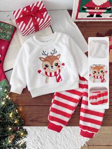 SHEIN Playful Pals 2件組女嬰可愛紅白馴鹿條紋毛絨套裝，長袖圓領加厚衛衣褲，冬季秋季派對服飾 - 紅白色 - 查看 9