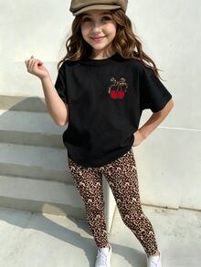 Elladie kids 少女清新簡約豹紋蝴蝶結與櫻桃圖案基本款短袖T恤與豹紋內搭褲套裝 - 彩色 - 查看 3