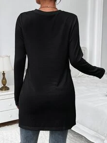 SHEIN 孕婦休閒純色側開衩T恤，適合秋季 - 淺灰色 - 查看 2
