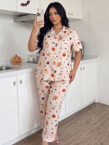 ZzzCrew Plus Size Striped Pajama Set With Collared Button-Front Puff Crinkle Halloween Print Short Sleeve Top And Long Pants - Multicolor - View 4
