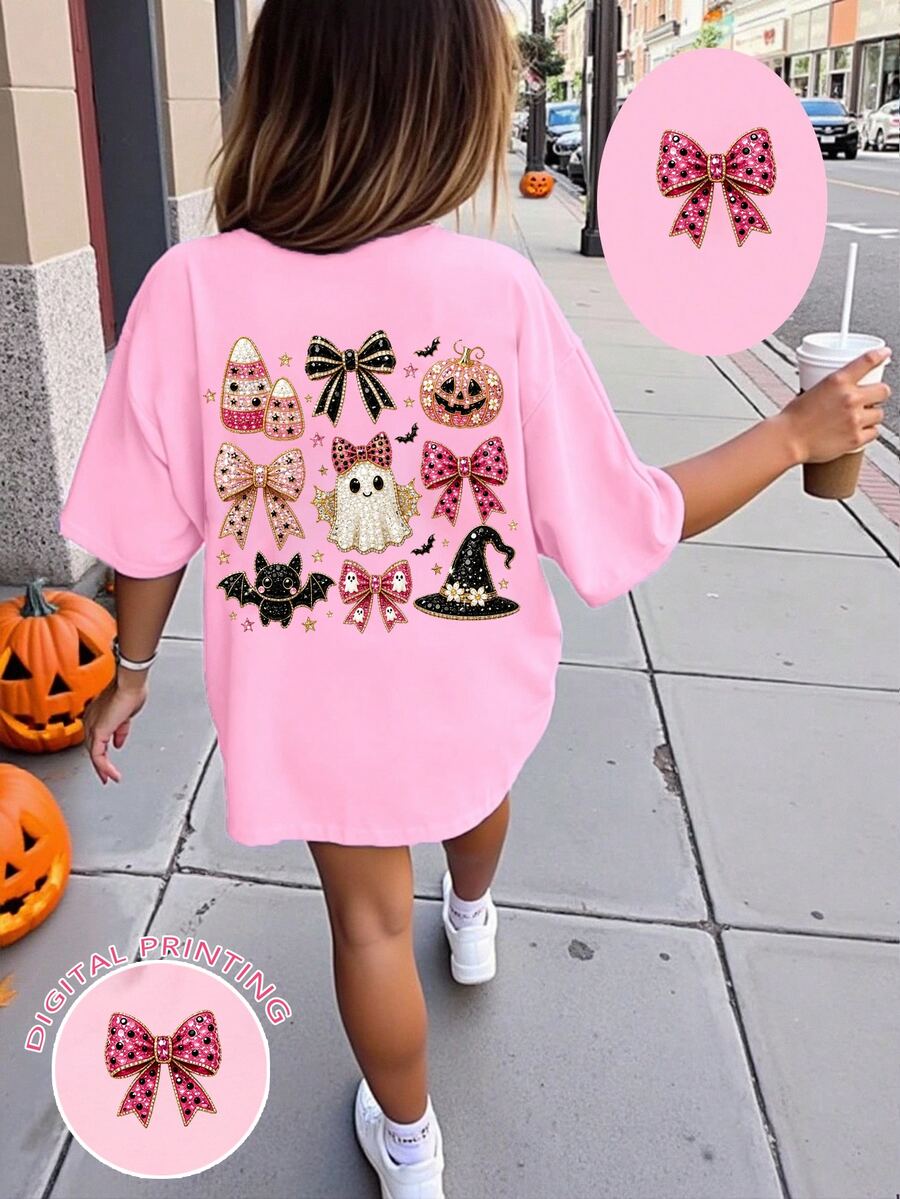SHEIN 萬聖節女童幼兒時尚創意 9 格閃粉南瓜蝴蝶結幽靈小惡魔巫師帽裝飾圖案印花基本款短袖 T 恤 - 粉色 - 查看 1