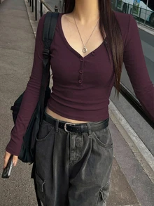 DAZY 女款素色鈕扣半開襟長袖休閒T恤 - 酒紅色 - 查看 3