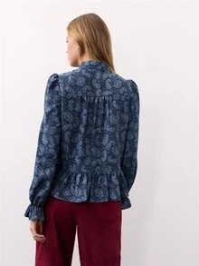 Nöista Paisley Print Blouse With Mao Collar And Ruffle Details. Fall Winter, Elegant, Weekend, Everyday. - Blue - View 6