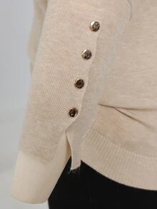 SHEIN LUNE CURVE Plus Size Fashion Button Long Sleeve Crew Neck Pullover Sweater Winter - Apricot - View 6