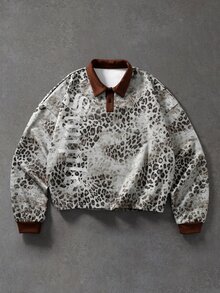 ROMWE MEN Street Life 男士豹紋長袖休閒寬鬆版型 Polo 衫 - 棕色 - 查看 1
