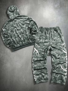 ROMWE MEN Street Life Jungle Green Camo Patchwork English Letter Zipper Hoodie And Sweatpants 2 Pieces Set, Street, Sports, Fashion - Multicolor - View 2