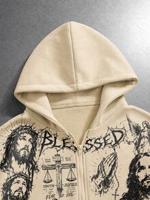 ROMWE MEN Men's Jesus Graphic Print Loose Fit Zip-Up Hoodie - Apricot - View 3