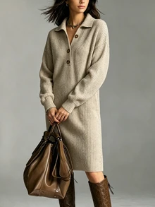 SHEIN Women's Half-Open Collar Sweater Dress, Loose Fit, Dropped Shoulder, Long Sleeve, Half-Button Front, Pockets, Mid-Length, Casual Slimming, Autumn/Winter Commute - Khaki - View 4