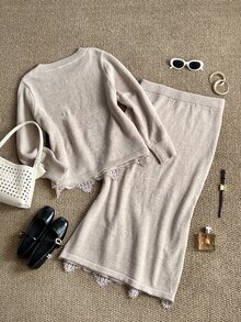Grovea Setelan Sweater Lengan Panjang dan Rok Rajut Wanita Ukuran Besar untuk Musim Dingin - Aprikot - View 2