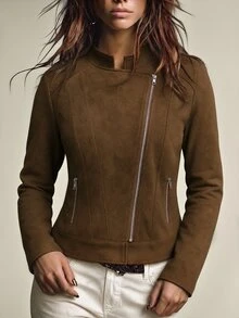 Velvienne Versatile Premium Metal Zipper Plus Size Women's Motorcycle Jacket - Brown - View 4