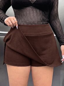 Muchica Chocolate Brown Side Slit Plus Size Skort - Chocolate Brown - View 6