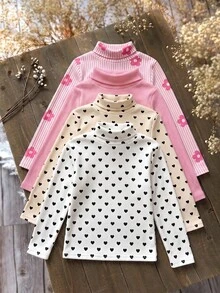 SHEIN 4pcs/Set Cute Versatile Knitted Polka Dot & Floral Pattern Long Sleeve Tops For Baby Girls - Pink - View 3