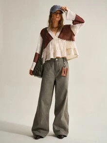 SHEIN Bohemian Style Colorblock Floral Pineapple Checkered V-Neck Long Sleeve Ruffle Hem Doll Blouse Top For Women - Apricot - View 3