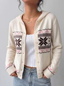 SHEIN LUNE كارديجان محبوك بقصة ضيقة مع قلنسوة ونقشة جاكار على شكل قلب لفصل الخريف/الشتاء - أبيض - مشاهدة 5