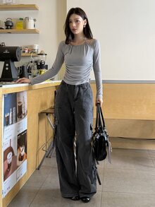 K-Vae Women's Minimalist Sexy Ins Style Atmosphere Halter Neck Ruched Grey Long Sleeve Base Layer Top, Slim Fit Waist Design, Minimalist Everyday Wear - Grey - View 8