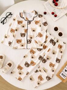 SHEIN Cartoon Cute Bear Print Short Sleeve Lapel Button-Up Top And Elastic Waist Long Pants 2 Pieces Set, Printed Pajama Set Homewear Suitable For Spring And Summer - Multicolor - View 5