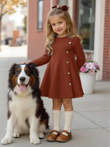 Emery Rose Kids Emery Rose Kids 女童優雅休閒圓領套頭拼色短袖中長洋裝，適合學校、日常休閒，秋冬穿著 - 鏽棕色 - 查看 7