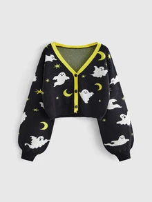 ROMWE Goth Halloween Black Open Front Jacquard Ghost Gradient Star Women's Cardigan Sweater - Black - View 1