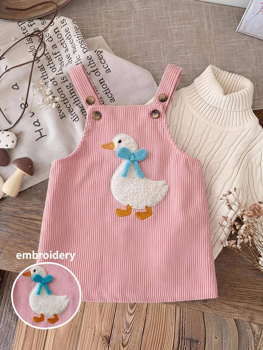 SHEIN Vestido de Delantal para Niña Bebé Tejido de unicolor con Patrón de Bordado de Animales Lindos - Rosa - Ver 1