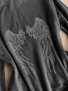 Attitoon Women's Wing Pattern Casual Daily Hooded Sweatshirt - Dark Grey - View 9
