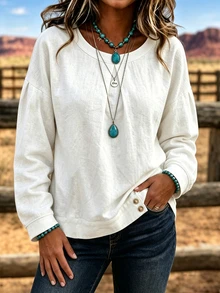 Selamara American Western Style Cream Pleated Long Sleeve Top, Lazy Vacation Casual Blouse - White - View 4