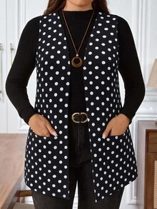 EMERY ROSE Plus Size Women's Polka Dot Pattern Open Front Vest Jacket - Black and White - View 6
