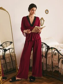 Côtesoire Set Piyama Wanita Leher V Berbahan Renda Patchwork Romantis Elegan Gaya Prancis Selatan - Burgundy - View 4