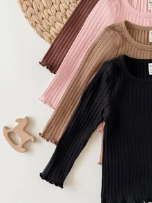 SHEIN 4件組女嬰休閒可愛針織百搭純色長袖上衣 - 藕粉色 - 查看 6