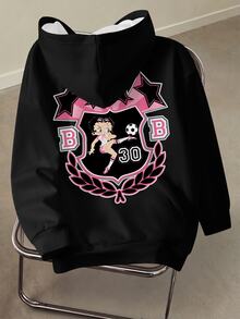 Betty Boop x SHEIN Plus Size Football Cartoon Print Hooded Pullover Sweatshirt Fall - White - View 2