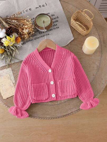 SHEIN 1pc Baby Girl Sweater, Casual Minimalist Style, Apricot V-Neck Single-Breasted Symmetric Double Pocket Unique Ruffle Cuff Design, Regular Thickness, Neat Hem, Soft Skin-Friendly Delicate Texture, Solid Color Clean Sweater, Suitable For Daily Casual Wear, Outings, Fashion, Sports, Play, Spring And Autumn