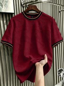 Manfinity Homme Men's Knitted Jacquard Solid Color Textured Collar And Cuffs Ribbed T-Shirt - Burgundy - View 1