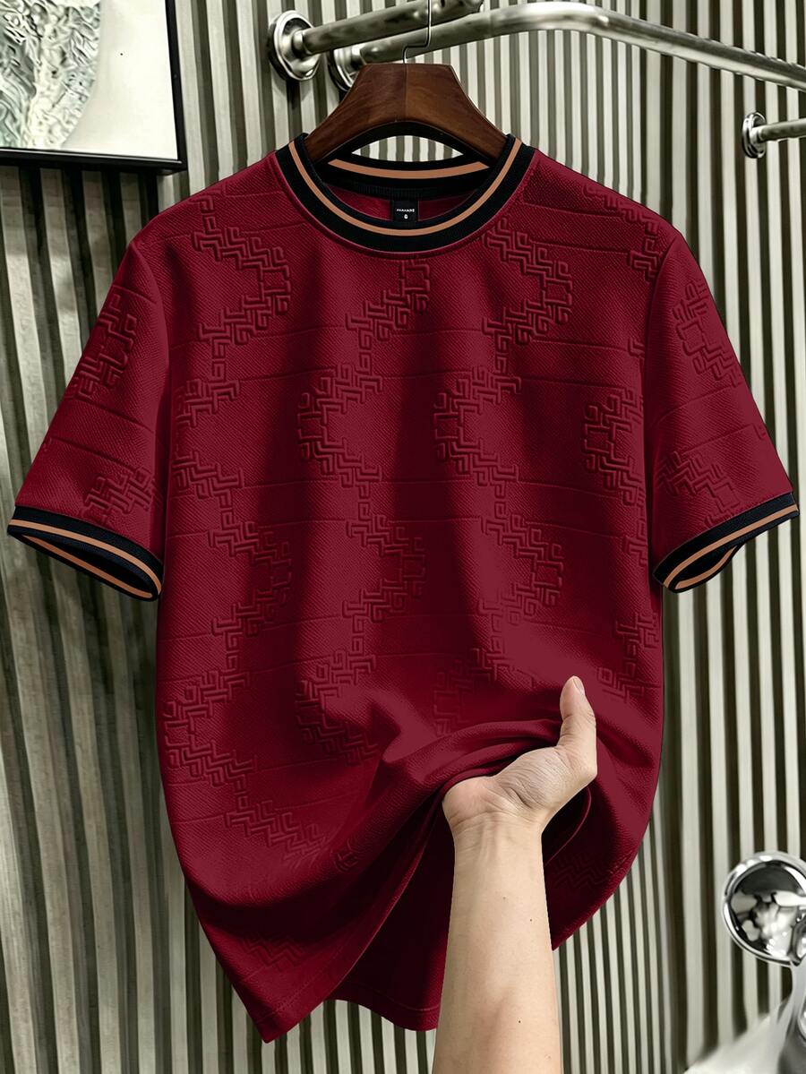 Manfinity Homme Men's Knitted Jacquard Solid Color Textured Collar And Cuffs Ribbed T-Shirt - Burgundy - View 1