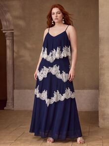 MOTF PREMIUM GAUN PANJANG MODEL KUE UNTUK UKURAN BESAR, MUSIM SEMI/PANAS, ELEGAN, ROMANTIS, UNTUK KENCAN, BERKUALITAS TINGGI, BERHIAS RENDA, PATCHWORK, TALI BAHU YANG DAPAT DISESUAIKAN, WARNA BIRU TUA, GAYA LIBURAN. - Navy Blue - View 4