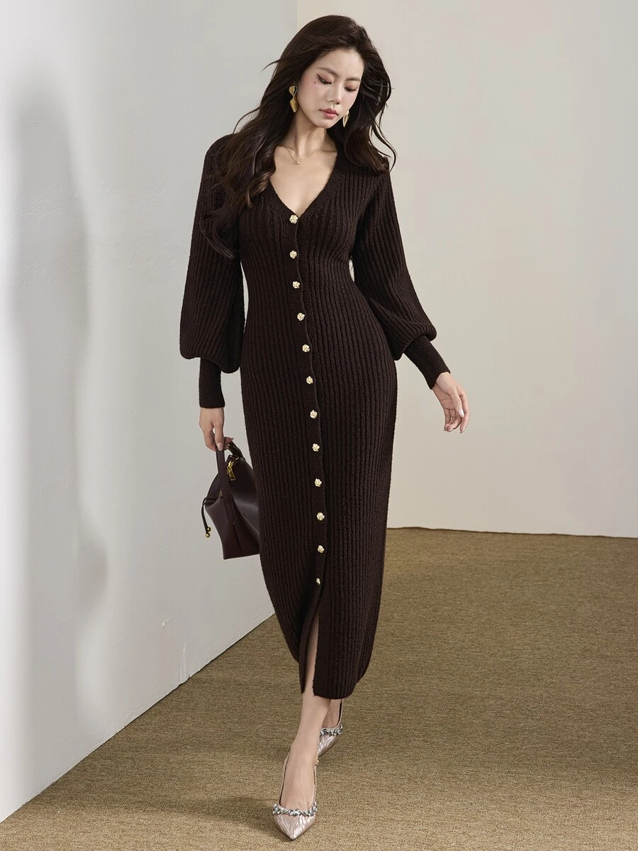 Heiryn Gaun Rajut Elegan Wanita Warna Polos Leher V Lengan Panjang Kancing Tunggal - Coffee Brown - View 1