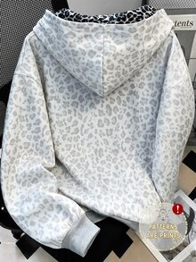 SHEIN 1pc Teen Girls Loose Casual Versatile Digital Print Color Block Light Leopard Print & Dark Leopard Print Lining Hooded Loose Korean Style Open Front Sweatshirt Suitable For Daily Commute Casual Vacation Back To School Season - Grey - View 2