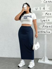 SHEIN EZwear 大尺碼女款純色休閒街頭風寬鬆百搭日常穿著裙 秋季外出晚裝 海軍藍 - 藏蓝色 - 查看 5
